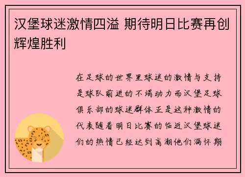 汉堡球迷激情四溢 期待明日比赛再创辉煌胜利