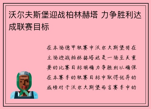 沃尔夫斯堡迎战柏林赫塔 力争胜利达成联赛目标