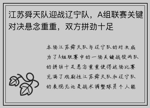 江苏舜天队迎战辽宁队，A组联赛关键对决悬念重重，双方拼劲十足